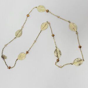 Gold Tone Leaf Station Necklace Faceted Brown Beads